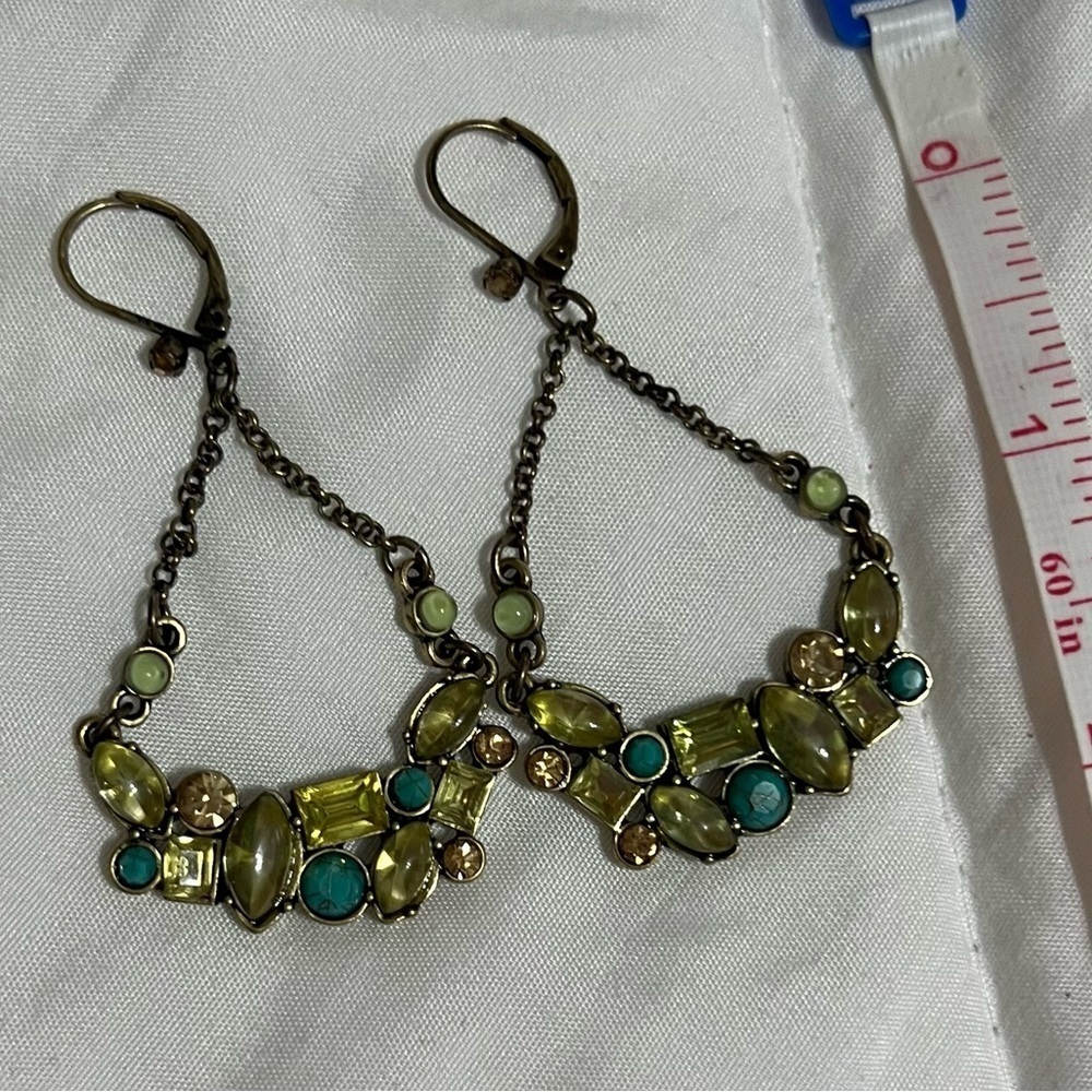 Betsey Johnson Gold and Green Dangle Earrings with Intricate Design